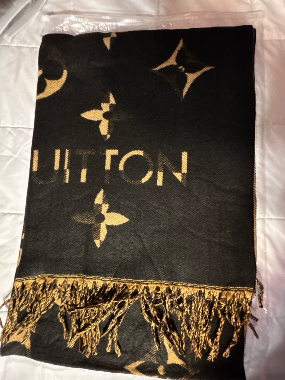 Designer-Inspired Black and Gold Logo Jacquard Scarf